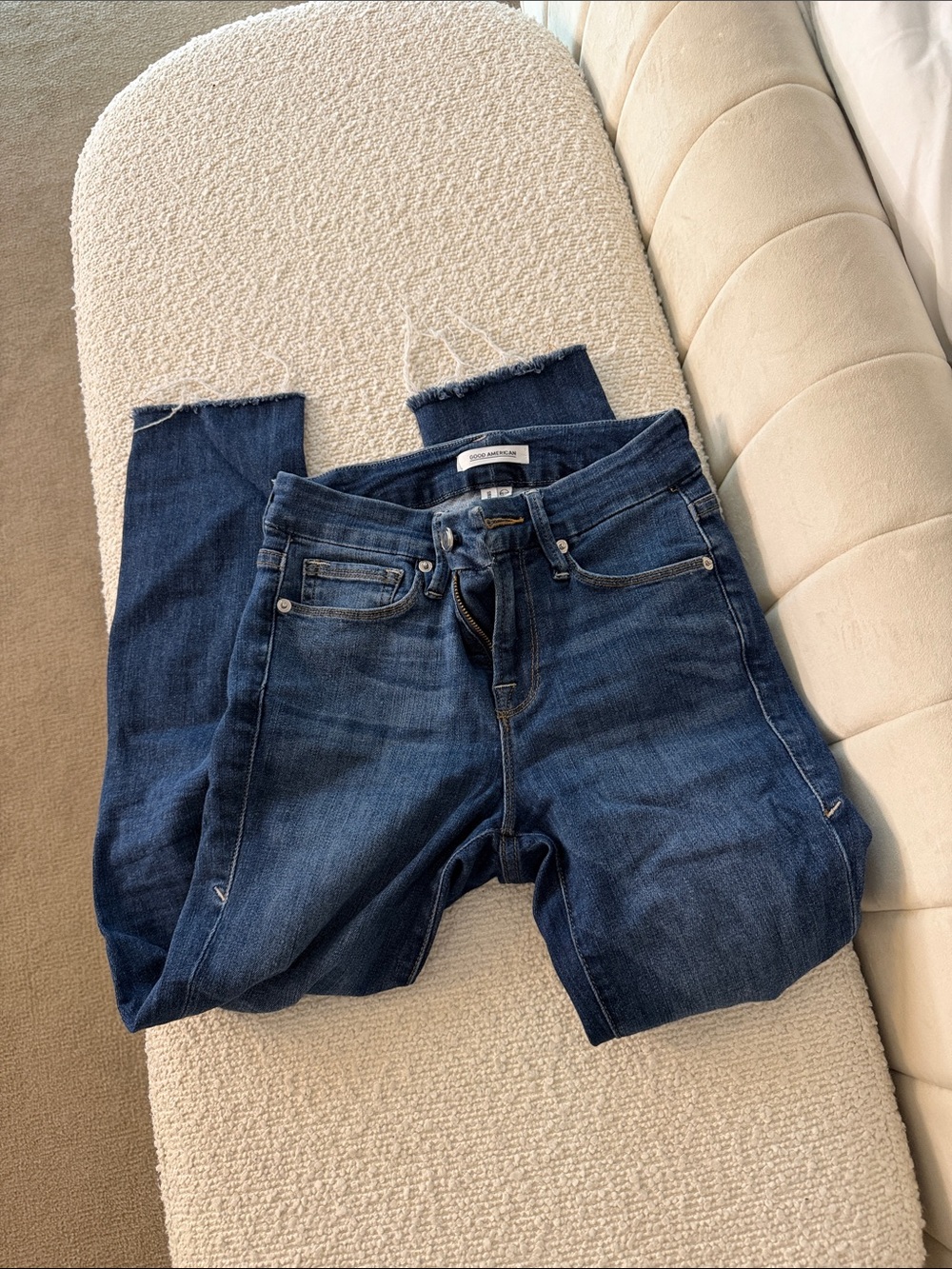 Good American Dark Blue Cropped Frayed Hem Jeans